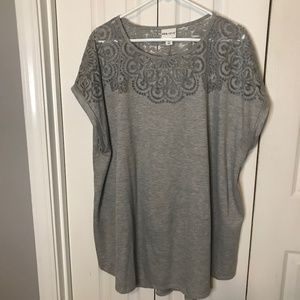 Ava & Viv Heather Gray Lace Cutout Top, 4x, Cap Sleeves